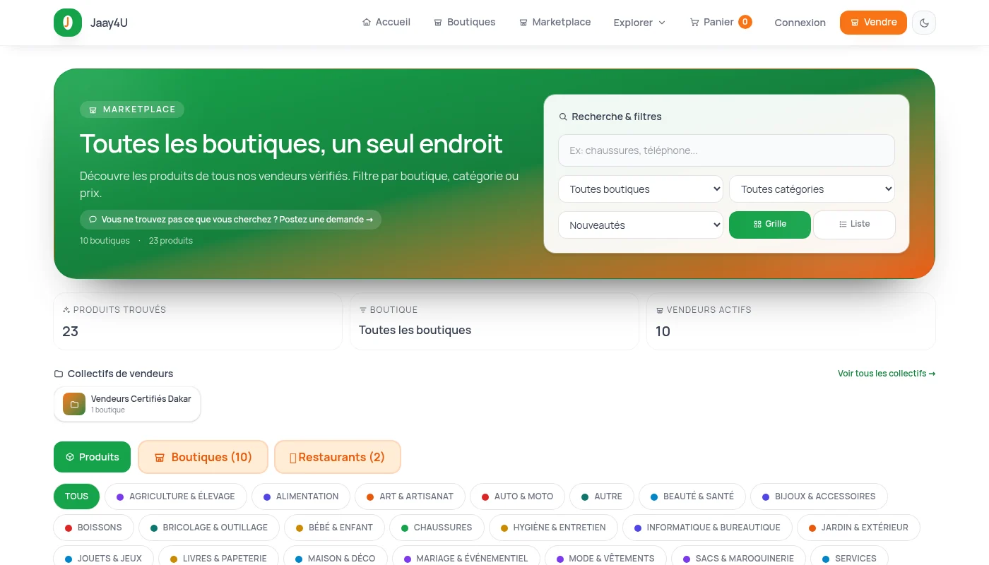 Page marketplace de Jaay4U : recherche, filtres par catégorie et liste de boutiques